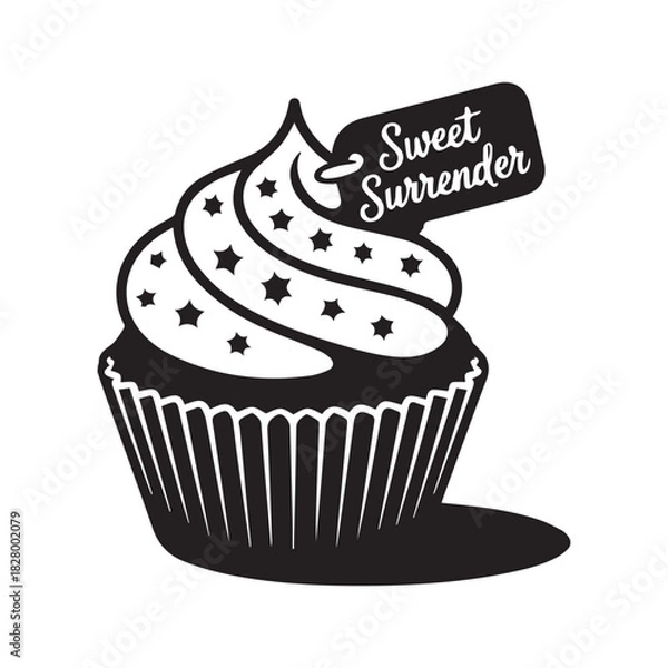 Obraz A black and white illustration of a cupcake with swirling frosting and a tag that reads 'Sweet Surrender'.