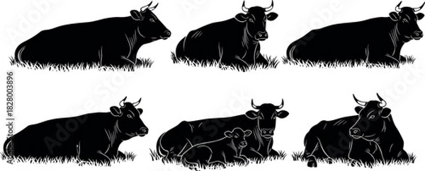 Obraz Silhouette cows lying on grass in various poses with calf, peaceful farm animals resting in nature, rural livestock vector illustration
