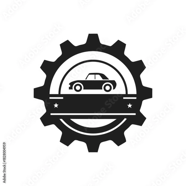 Fototapeta Automotive service and repair emblem featuring a classic car silhouette within a gear and banner design, perfect for mechanic shops and auto enthusiasts