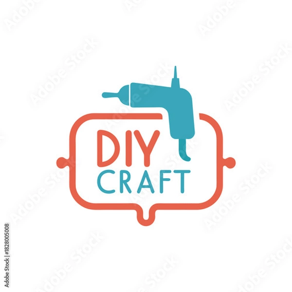 Fototapeta DIY craft emblem with a playful blue glue gun icon. Minimalist label design for handmade projects and creative hobbies, isolated vector illustration