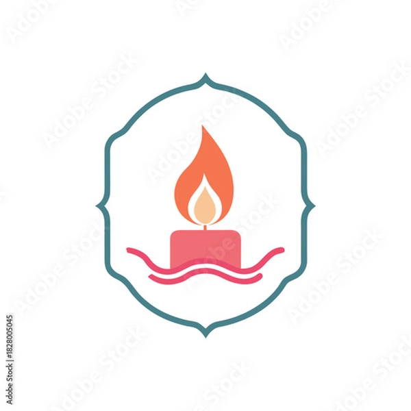 Fototapeta Simple vector graphic of a lit candle with a gentle flame, enclosed in a decorative retro frame, evoking warmth and tranquility