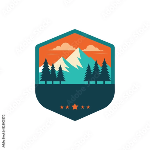 Fototapeta Vintage mountain range emblem design with forest and sunset sky. Retro wilderness travel logo for adventure and camping services