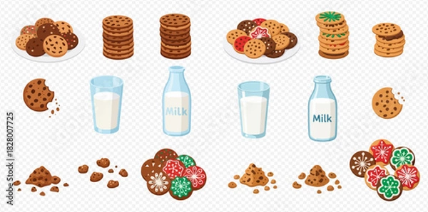 Fototapeta A comprehensive collection of various cookies and milk products, including stacks, plates, crumbs, and drinks, presented as vector illustrations.