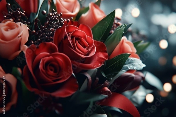 Fototapeta Beautiful bouquet of red and pink roses with ribbons and greenery on a softly lit background. Concept of Saint Valentine Day and 8 Mart celebration.