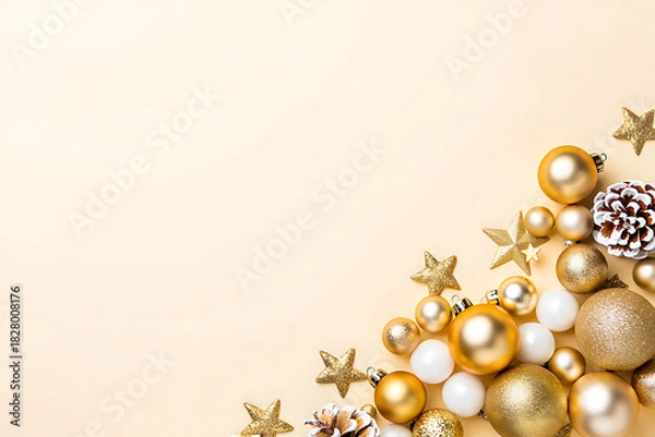 Fototapeta A luxurious Christmas corner border with sparkling golden stars and ornaments on a soft, sandy-colored background.