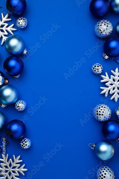 Fototapeta A modern Christmas background with a vertical side border of blue and silver ornaments and snowflakes on a blue surface.