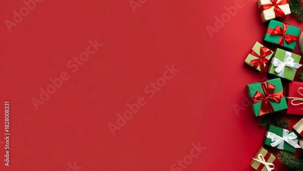 Fototapeta A simple and festive Christmas background with a side border of colorful gift boxes on a red surface.