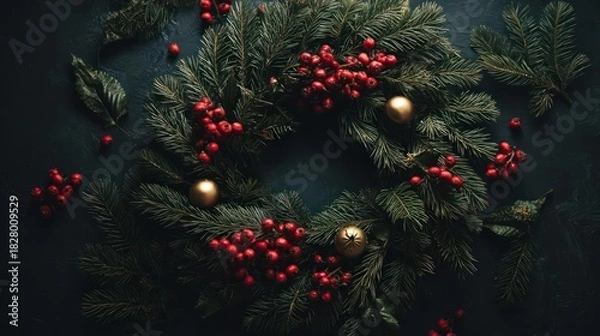Fototapeta Close up of a rustic christmas wreath adorned with vibrant red berries and golden baubles on a dark background
