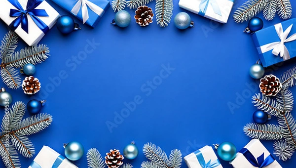 Fototapeta A festive Christmas frame with a border of blue and silver gifts, pine cones, and fir branches on a blue background.