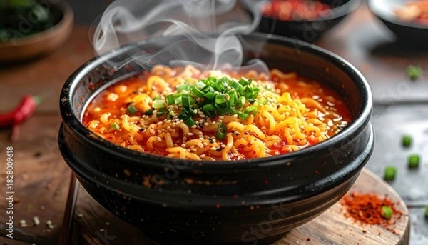 Fototapeta Appetizing steaming hot spicy noodle soup, generously garnished with fresh green onions, presented in a rustic black ceramic bowl, ready to be enjoyed