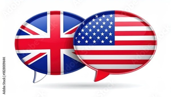 Fototapeta English and American flags on speech bubbles symbolizing communication and understanding between cultures