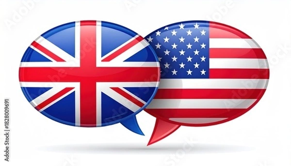 Fototapeta Vector illustration of glossy speech bubbles with the flags of the United Kingdom and the United States, representing a dialogue between British and American English