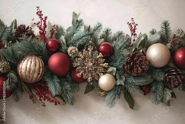 Fototapeta Close up of a festive christmas garland decorated with red and gold ornaments and pine cones