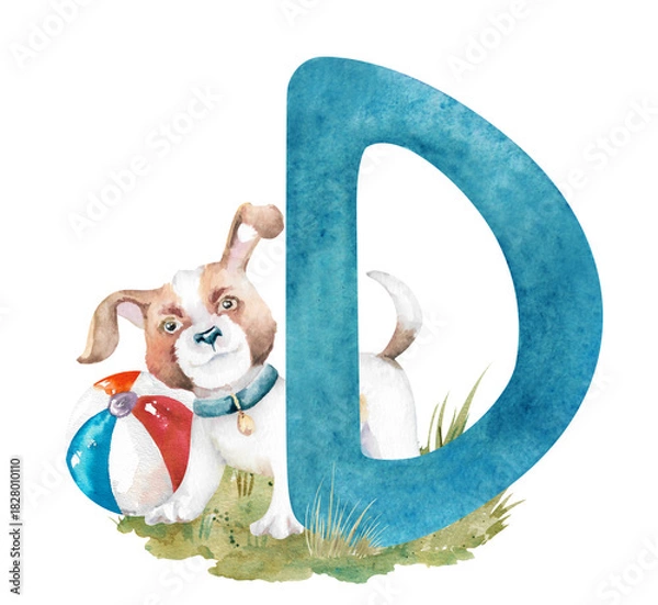 Obraz Blue letter D with cartoon dog and ball on grassy lawn, hand drawn watercolor illustration isolated on white. Pastel puppy clip art for kids games, learning, toddler alphabet design, nursery decor