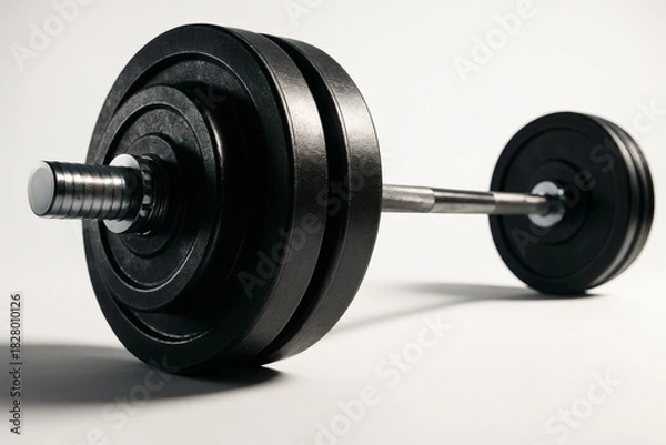 Obraz Dynamic Barbell Close-Up with Angled Perspective, Fitness Gym Weightlifting on White Background