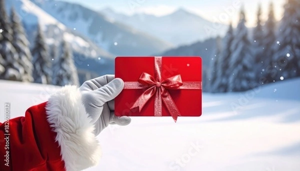 Fototapeta The 'magic of the holidays' is presented by a festive hand in a snowy mountain wonderland, offering a bright red gift card with a delicate bow, a symbol of seasonal cheer and thoughtful giving