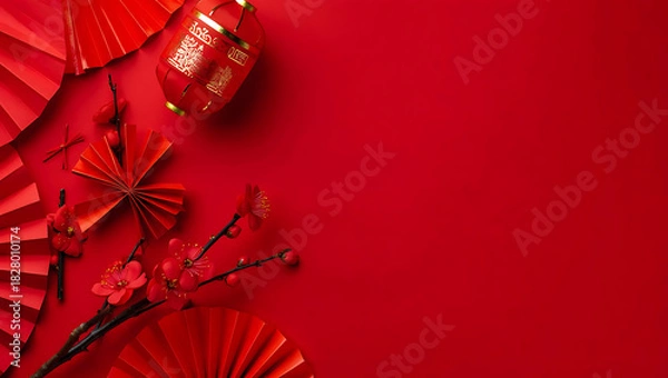 Fototapeta A simple Christmas background with a bottom border of festive red decorations on a solid red surface.