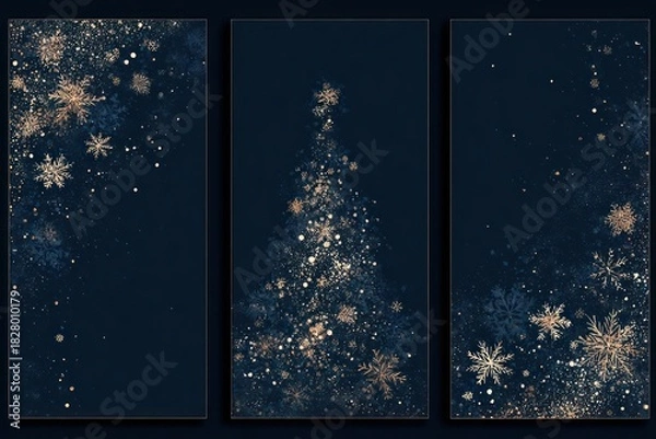 Obraz Elegant dark blue vertical banners with shimmering gold and white snowflakes and abstract festive lights