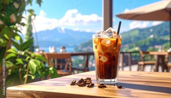 Fototapeta Refreshing Iced Coffee with a View Enjoying a Perfect Summer Day at a Lakeside Cafe