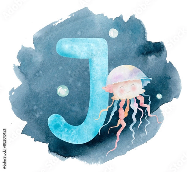 Obraz Blue English letter J with cartoon jellyfish underwater with bubbles. Hand-drawn watercolor illustration isolated on white with blue splashes. Pastel sea clipart for children's games, alphabet design