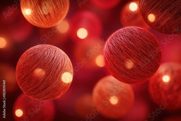 Fototapeta Abstract close up of glowing red spherical cells with intricate textured surfaces illuminated from within