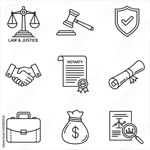 Fototapeta Business and legal documents, justice, finance, security icon set isolated on white background, Vector