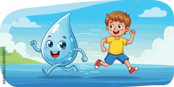 Obraz Cartoon illustration of a happy boy running and playing alongside a cheerful mascot water drop character, vector design emphasizing hydration, healthy lifestyle, fitness, and environmental fun.