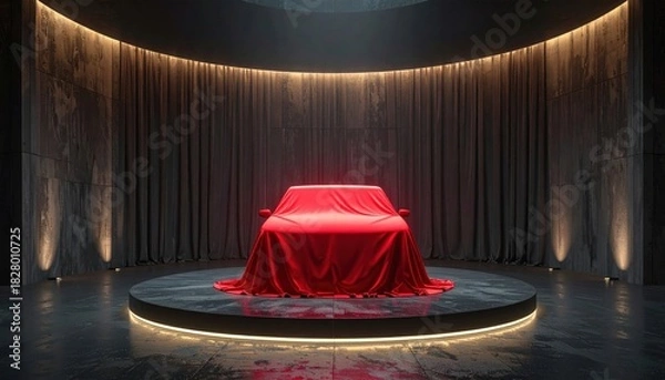 Fototapeta Car Unveiling A Dramatic Reveal on a Stage Under Spotlights, Concealed by a Red Cloth