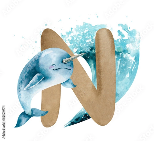 Obraz English brown letter N and cartoon narwhal on blue wave background, hand drawn watercolor illustration isolated on white. Fun children's sea clip art for learning and games, alphabet design for kids