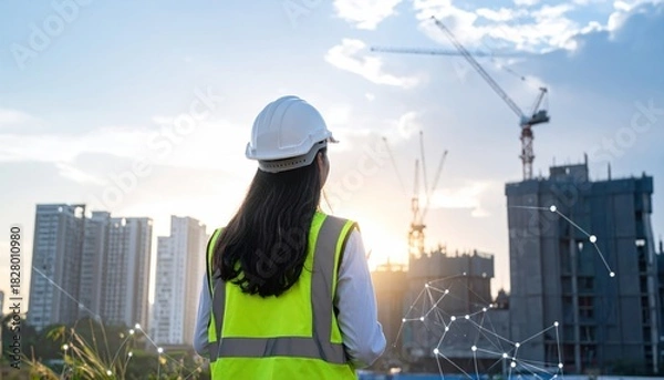 Fototapeta Woman in hard hat and safety vest looking at construction site with cranes and buildings under a sky