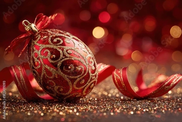 Fototapeta Elegant red and gold ornate christmas ornament with festive bokeh lights and glittering surface