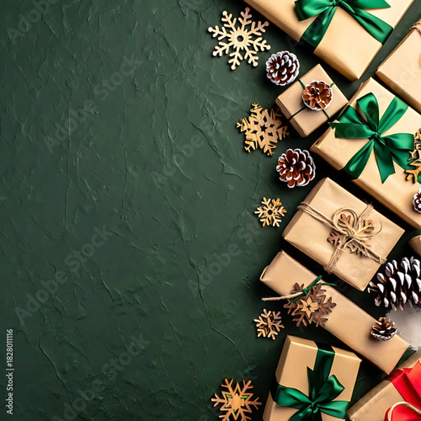 Fototapeta A stylish Christmas vertical border with rustic, eco-friendly gift boxes and pine cones on a dark green background.