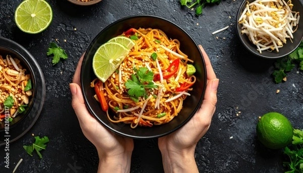 Fototapeta Authentic Pad Thai with Lime and Bean Sprouts, a Delicious Asian Noodle Dish