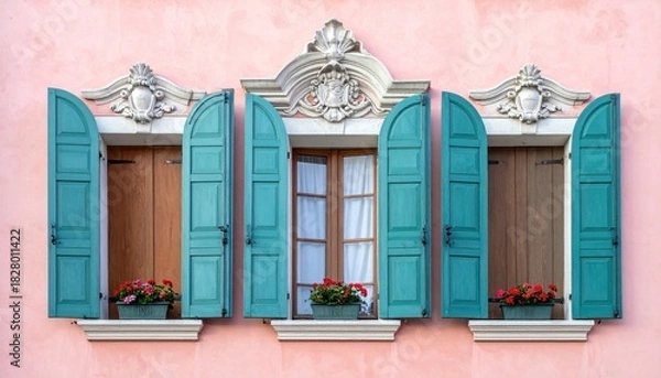 Fototapeta Charming European facade with three ornate windows featuring vibrant turquoise shutters and red flowers
