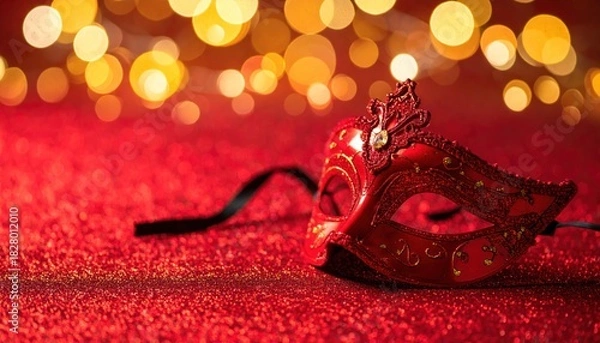 Fototapeta Elegant Red Masquerade Mask on Textured Red Surface with Bokeh Lights in Background