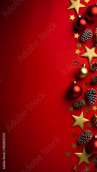 Fototapeta A luxurious Christmas vertical border with golden stars and red ornaments on a rich red background.