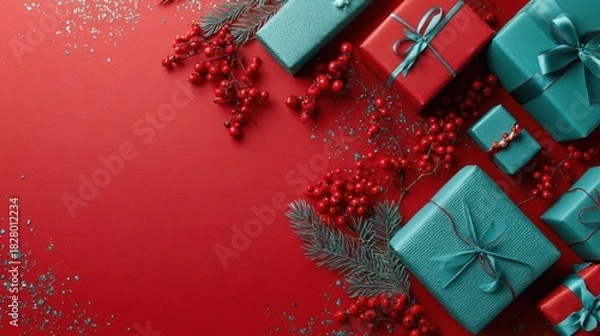 Fototapeta Festive christmas presents wrapped in teal and red with holly berries and pine needles on a vibrant red background