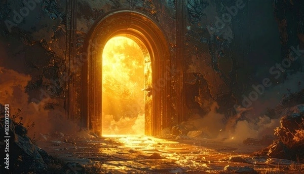 Fototapeta An ornate, ancient gateway bathed in the golden, ethereal light of a new dawn, hinting at a mystical portal to another realm