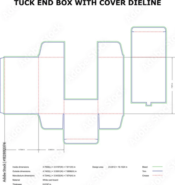 Fototapeta Tuck End Box with Cover Packaging Dieline Template with Bleed, Trim & Crease