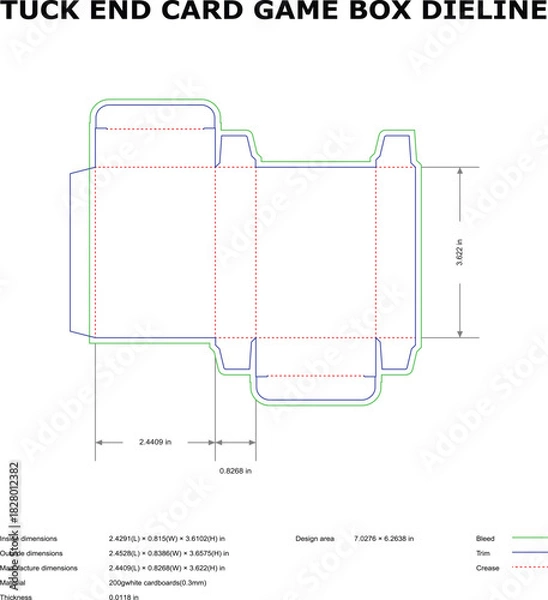 Fototapeta Tuck End Card Game Box Packaging Dieline Template with Bleed, Trim & Crease Lines