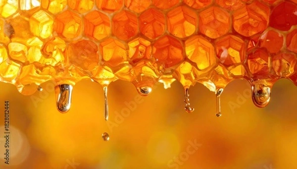 Fototapeta A detailed close-up of a vibrant golden honeycomb with sweet, delicious honey dripping slowly from the hexagonal wax cells