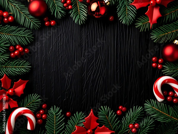 Fototapeta A beautiful Christmas frame made of fresh fir branches, red berries, and candy canes on a black wooden background.