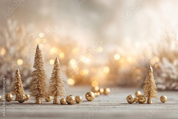 Fototapeta Festive golden miniature christmas trees and baubles arranged on a rustic wooden surface with soft bokeh lights