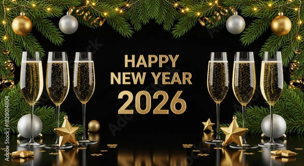 Fototapeta Sparkling lights & champagne to celebrate New Year 2026