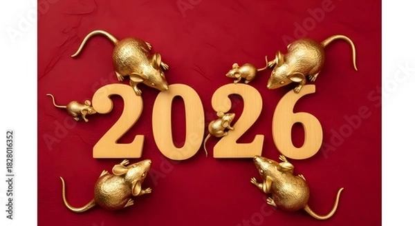 Fototapeta Golden rats surround the year 2026 numbers isolated on white background