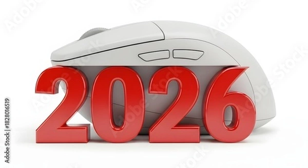 Fototapeta Red 2026 numbers partially obscuring a white computer mouse isolated on white background