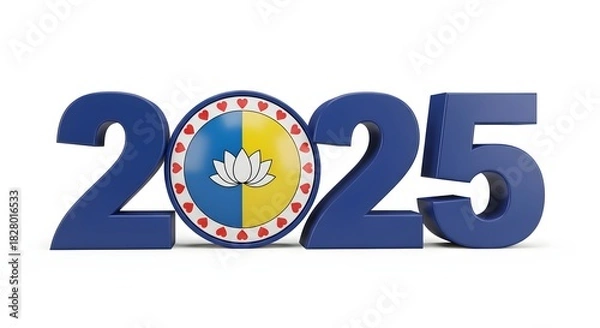 Fototapeta The year 2025 represented by blue numbers and a circular emblem isolated on white background