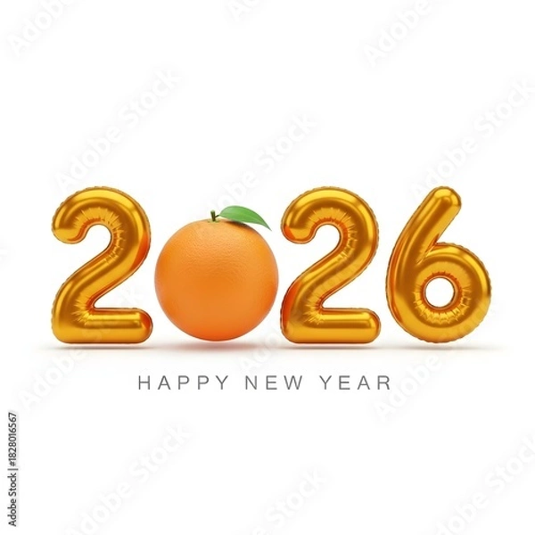 Fototapeta Golden 2026 balloons with an orange and happy new year text isolated on white background