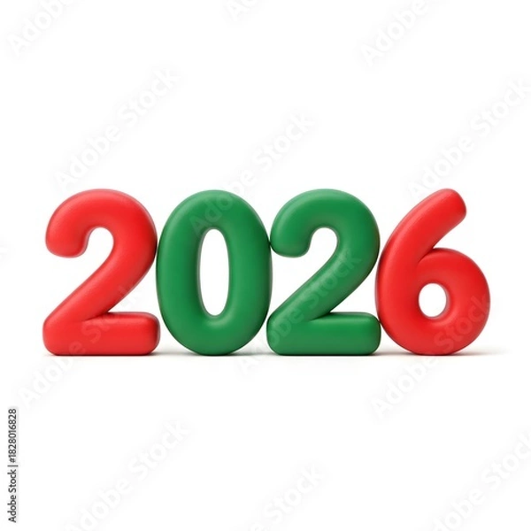 Fototapeta Red and green number balloons spelling out 2026 isolated on white background