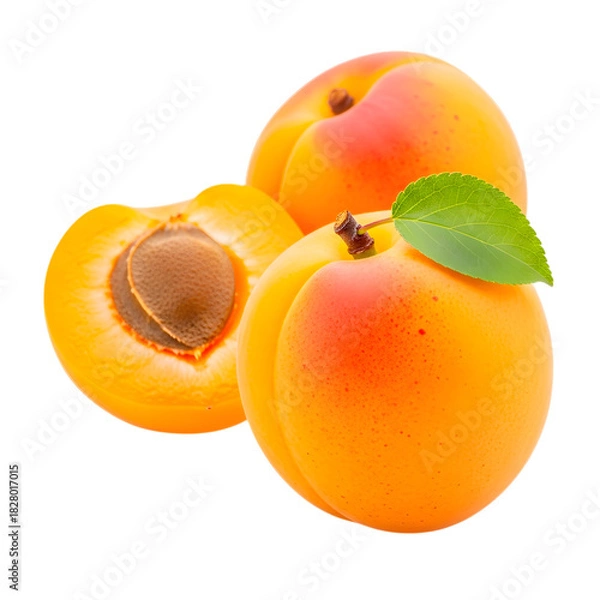 Fototapeta Fresh ripe apricots, whole with leaf and cut exposing inner pit isolated on transparent background